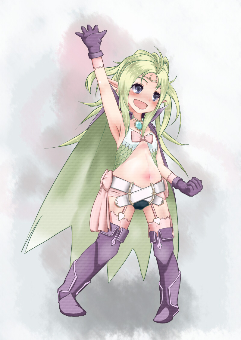 1girl armpit blush boots bow child eyebrows fire_emblem fire_emblem:_kakusei flat_chest full_body fund_(fund_tardis) gloves green_hair long_hair navel nowi_(fire_emblem) open_mouth pointy_ears raising_hand smile solo standing violet_eyes
