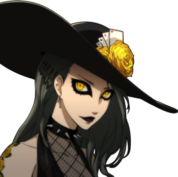 black_hair black_lipstick character_request earrings hat lipstick looking_at_viewer niijima_sae official_art persona persona_5 spiked_collar yellow_eyes