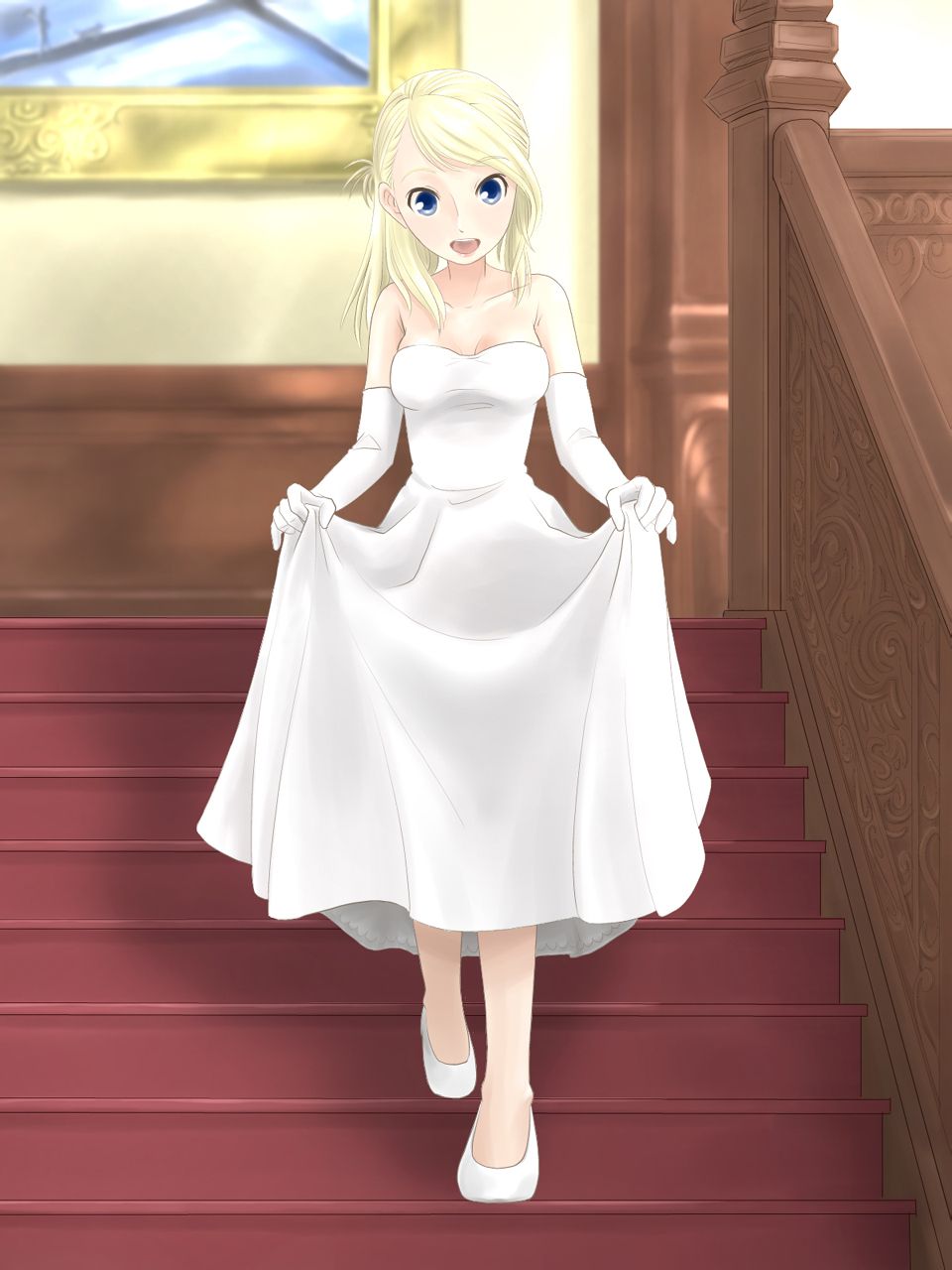 1girl artist_request blonde_hair blue_eyes dress dress_lift elbow_gloves gloves long_dress looking_at_viewer shoes solo stairs walking white_dress white_gloves white_shoes