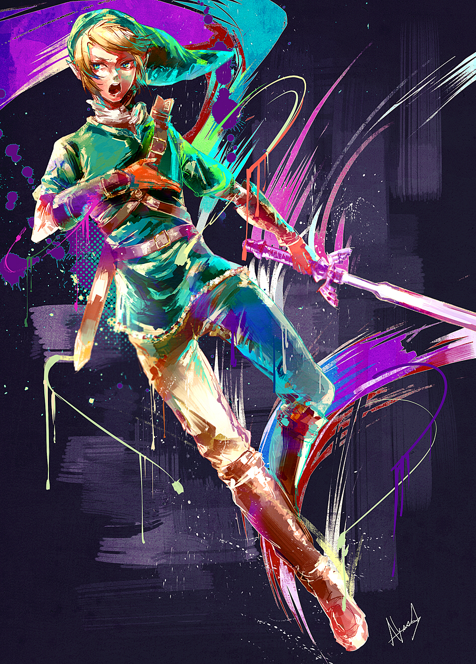 1boy abstract_background alyssa718 alyssa_(pixiv1037889) aqua_eyes artist_signature belt belt_buckle boots brown_shoes buckles chainmail fighting_stance full_body green_hat green_headwear green_outerwear hat holding_weapon hylian knee_boots link looking_to_side male_focus master_sword open_mouth pointy_ears pointy_hat scabbard sheath short_sleeves solo splatter sword the_legend_of_zelda the_legend_of_zelda:_twilight_princess tunic turtleneck undershirt vambraces weapon