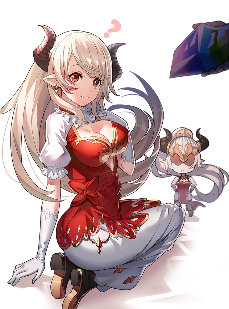2girls alicia_(granblue_fantasy) aliza_(granblue_fantasy) cleavage_cutout earrings granblue_fantasy horns jewelry kneeling mature mother_and_daughter multiple_girls pointy_ears ponytail red_eyes ririko_(zhuoyandesailaer) white_hair