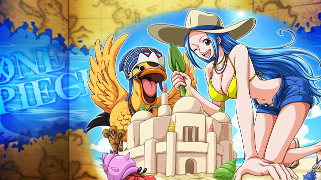 1girl bikini blue_hair breasts carue cleavage clouds duck large_breasts long_hair looking_at_viewer nefertari_vivi one_piece sand sandals sky smile sun tagme winking