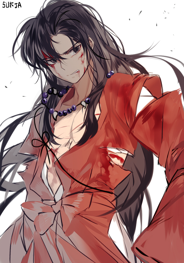 1boy alternate_form black_hair blood blood_on_face brown_eyes clenched_teeth injury inuyasha inuyasha_(character) inuyasha_(human) long_hair male_focus necklace open_clothes simple_background solo sukja teeth torn_clothes white_background