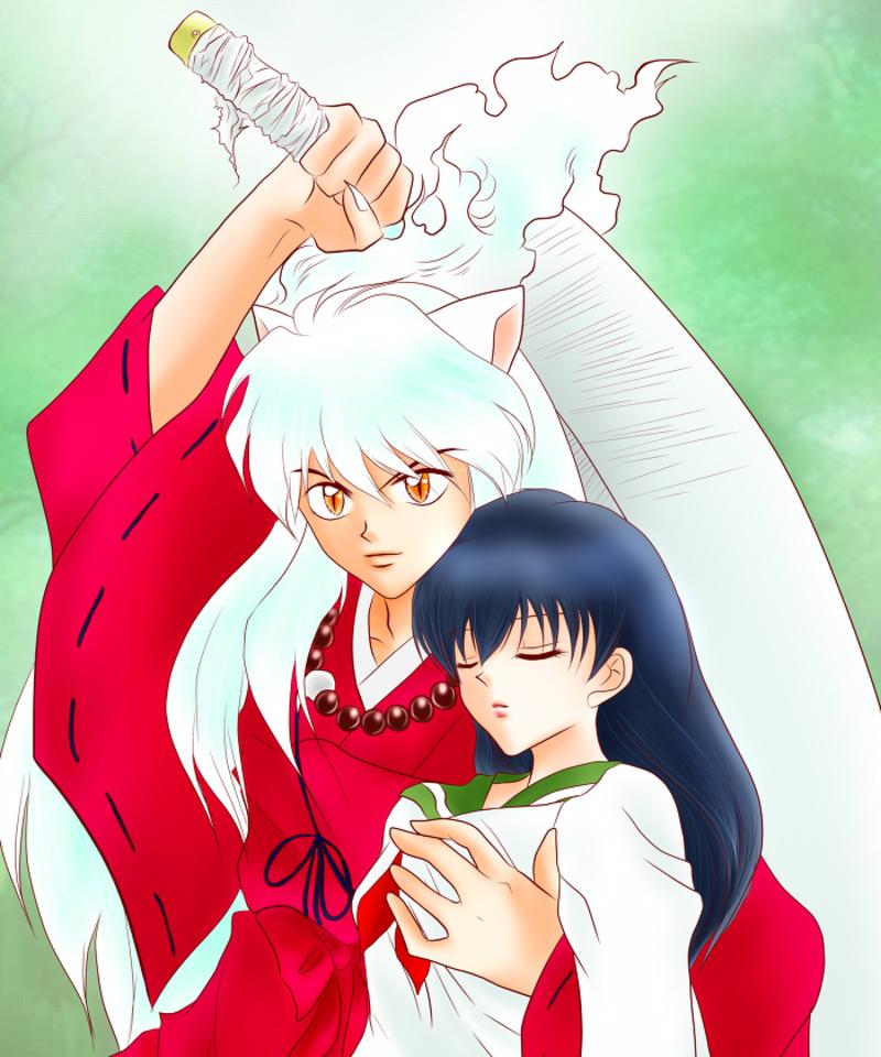 1boy 1girl animal_ears ascot black_hair brown_eyes carry closed_eyes couple dog_ears hakama higurashi_kagome inuyasha inuyasha_(character) long_sleeves monster_boy necklace red_shirt sailor_collar school_uniform serafuku sharp_nails slit_pupils sword tetsusaiga unconscious uniform weapon white_hair yellow_eyes