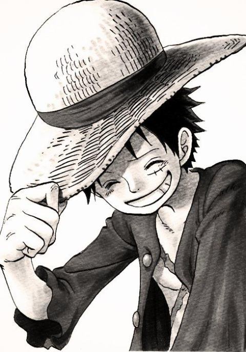 1boy closed_eyes hand_on_hat hat male_focus monkey_d_luffy monochrome one_piece open_clothes open_shirt scar simple_background smile solo straw_hat teeth upper_body white_background