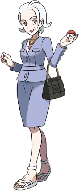 brown_eyes looking_at_viewer nail_polish npc_trainer official_art poke_ball pokemon purse sandals socialite white_hair wide_hips wrinkles