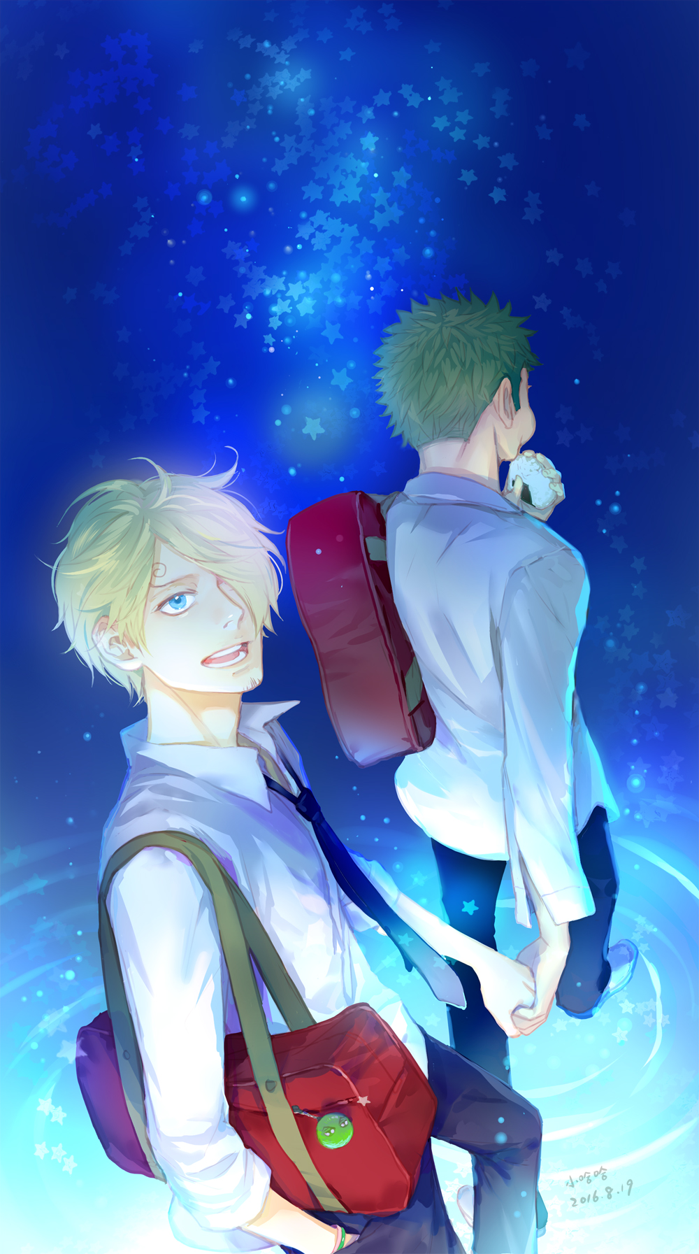 2016 2boys alternate_costume backpack bag black_necktie blonde_hair blue_eyes bracelet button_badge dated dress_shirt eating food green_hair hair_over_one_eye hand_holding hand_in_pocket jewelry male_focus multiple_boys necktie one_piece onigiri open_mouth pants pixiv_id_4407132 roronoa_zoro sanji sleeves_rolled_up star uniform walking white_shirt white_shoes
