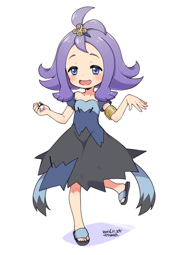 1girl 2016 :d acerola_(pokemon) armlet blue_eyes blush dated dress elite_four full_body half_updo holding holding_poke_ball kanya_pyi leg_up open_mouth poke_ball pokemon pokemon_(game) pokemon_sm purple_hair sandals short_hair simple_background smile stitches torn_clothes torn_dress ultra_ball white_background