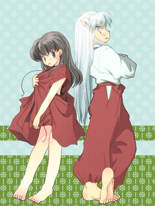 1boy 1girl animal_ears back-to-back barefoot black_hair bottomless brown_eyes costume_switch couple crossed_arms dog_ears higurashi_kagome inuyasha inuyasha_(character) necklace standing white_hair yellow_eyes