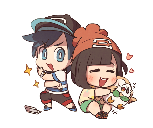 10s 1boy 1girl baseball_cap beanie bird black_hair blue_eyes blush brown_hair capri_pants chibi closed_eyes female_protagonist_(pokemon_sm) handheld_game_console hat heart hug male_protagonist_(pokemon_sm) nintendo_3ds pants pokemon pokemon_(creature) pokemon_(game) pokemon_sm pose rowlet shirt shoes short_hair shorts simple_background sitting smile sneakers sparkle ssalbulre striped striped_shirt t-shirt tied_shirt white_background z-move z-ring