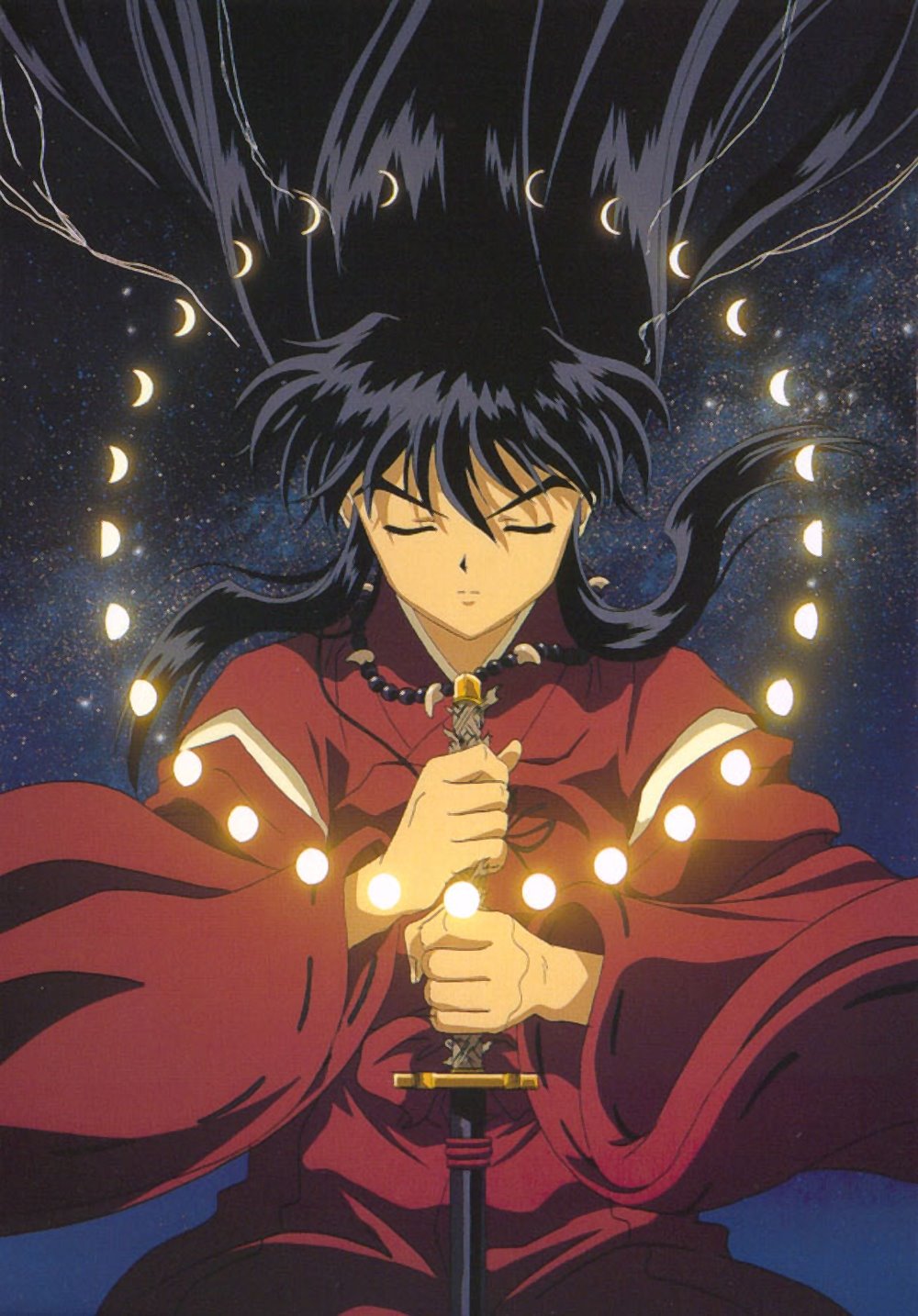 1boy black_hair closed_eyes crescent_moon full_moon inuyasha inuyasha_(character) inuyasha_(human) long_hair male_focus moon necklace night night_sky solo star_(sky) sword tetsusaiga weapon