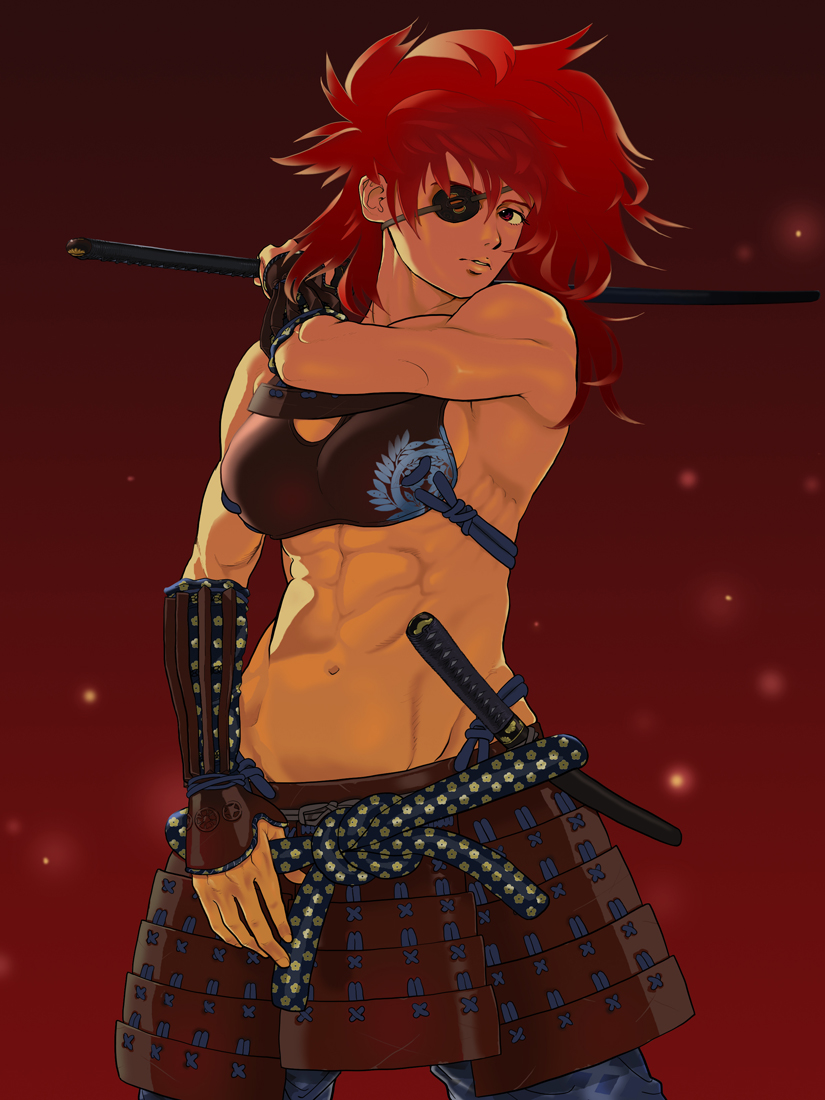 1girl abs armor eyepatch female katana looking_at_viewer muscle navel red_eyes redhead solo sword toned weapon yas66