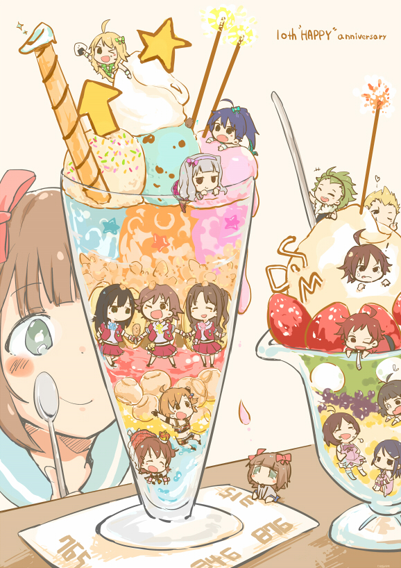 5boys 6+girls akizuki_ryou amagase_touma amami_haruka anniversary arrow blush blush_stickers chibi fireworks food fruit ganaha_hibiki hair_ribbon haruka-san hidaka_ai honda_mio hoshii_miki ice_cream idolmaster idolmaster_cinderella_girls idolmaster_dearly_stars idolmaster_million_live! idolmaster_movie idolmaster_side-m ijuuin_hokuto in_food jupiter_(idolmaster) kasuga_mirai miniboy minigirl mitarai_shouta mizutani_eri multiple_boys multiple_girls new_generations nosuke onigiri parfait puchimasu! ribbon shibuya_rin shijou_takane shimamura_uzuki smile sparkler spoon star strawberry tendou_teru trap yabuki_kana