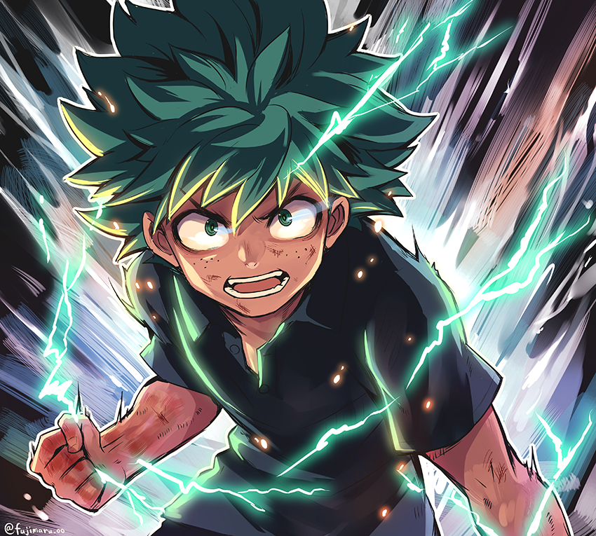 1boy angry boku_no_hero_academia casual clenched_hand determined fujimaru_(green_sparrow) green_eyes green_hair lightning looking_at_viewer midoriya_izuku open_mouth scratches short_hair solo sparks spiky_hair upper_body