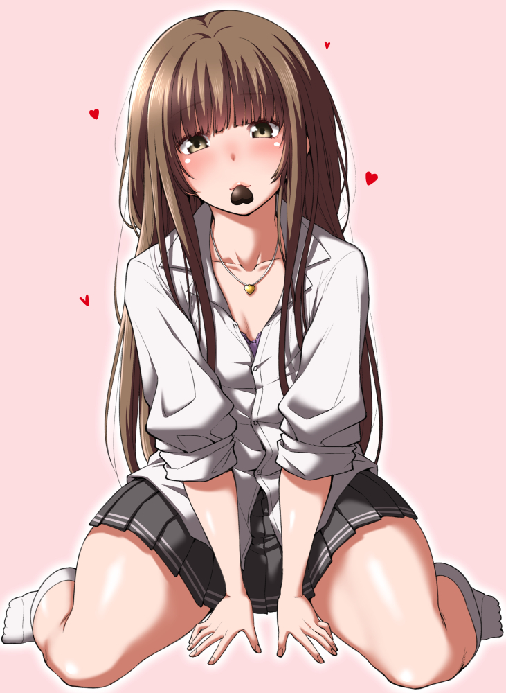 1girl amagami arm_support blush breasts brown_eyes brown_hair chocolate chocolate_heart collarbone heart jewelry kamizaki_risa long_hair looking_at_viewer mouth_hold pendant pleated_skirt shirt shouji_nigou sitting skirt sleeves_rolled_up smile wariza