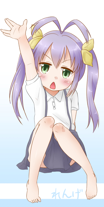 1girl armpit barefoot child eyebrows feet hair_ornament kazuya_lolicon looking_at_viewer miyauchi_renge non_non_biyori open_mouth raising_hand shiny shiny_hair simple_background sitting solo tied_hair twintails white_background