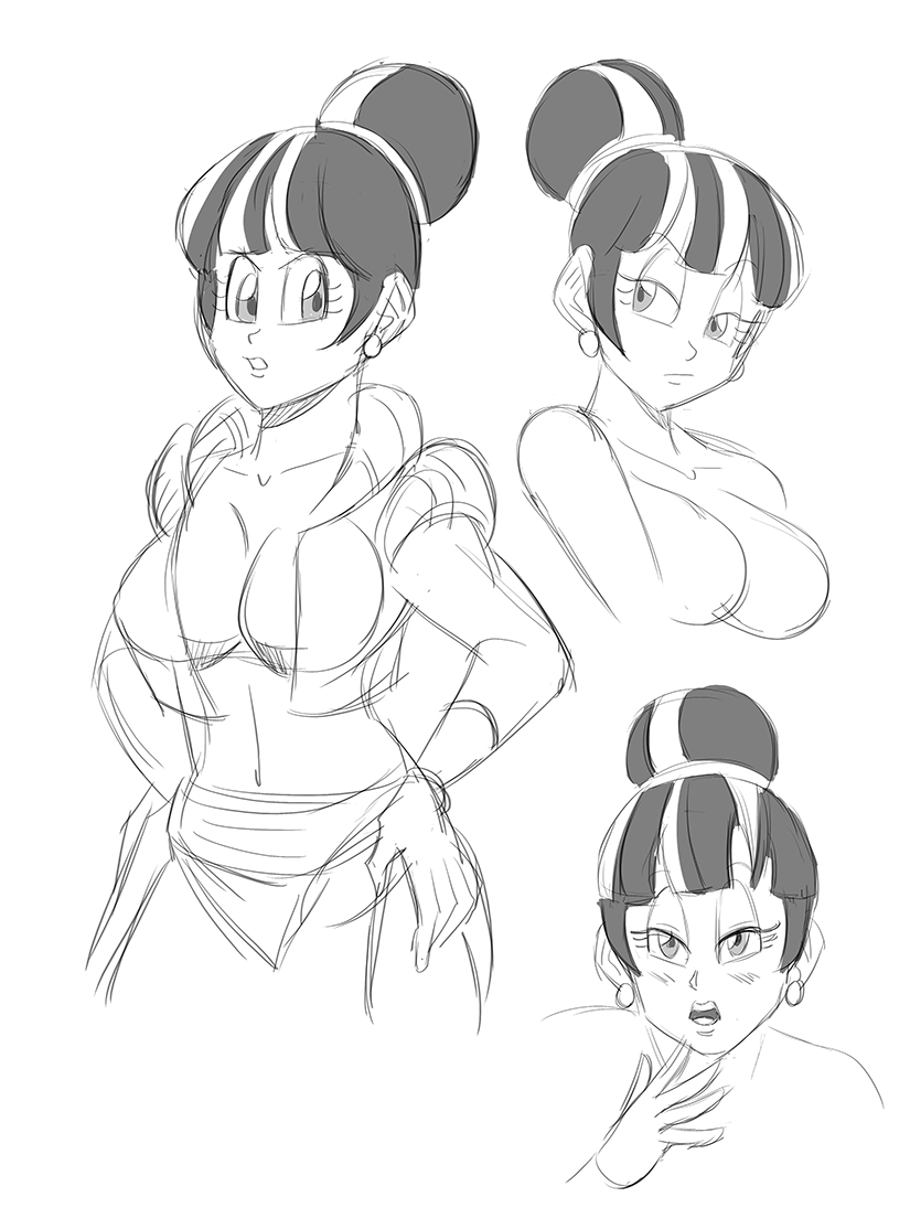 1girl breasts bulma character_sheet chi-chi_(dragon_ball) cleavage dragonball dragonball_z earrings female fusion monochrome solo upper_body white_background wide_hips