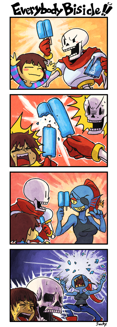 1boy 1girl 4koma =_= androgynous anger_vein artist_name blush blush_stickers bone brown_hair comic eyepatch frisk_(undertale) gloves head_fins papyrus_(undertale) ponytail popsicle red_gloves redhead sachy_(sachichy) scarf sharp_teeth shirt silent_comic skeleton striped striped_shirt sweat tank_top teeth undertale undyne you're_doing_it_wrong