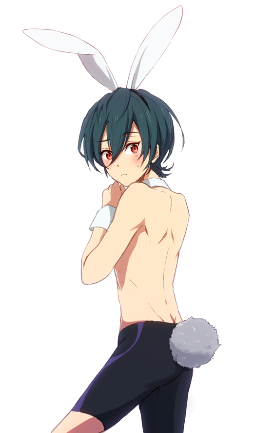 1boy blush bunny_tail detached_collar detached_sleeves green_hair high_speed! kirishima_ikuya looking_at_viewer male_focus rabbit_ears raipanda red_eyes short_hair shota solo sweat swim_trunks topless white_background