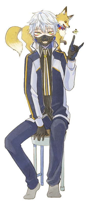 1boy armor black_gloves butterfly fox fox_shadow_puppet gloves japanese_armor male_focus menpoo nakigitsune nakigitsune's_fox no_shoes satoko_(papapa_sikakici) sitting smile socks stool touken_ranbu track_suit white_hair yellow_eyes