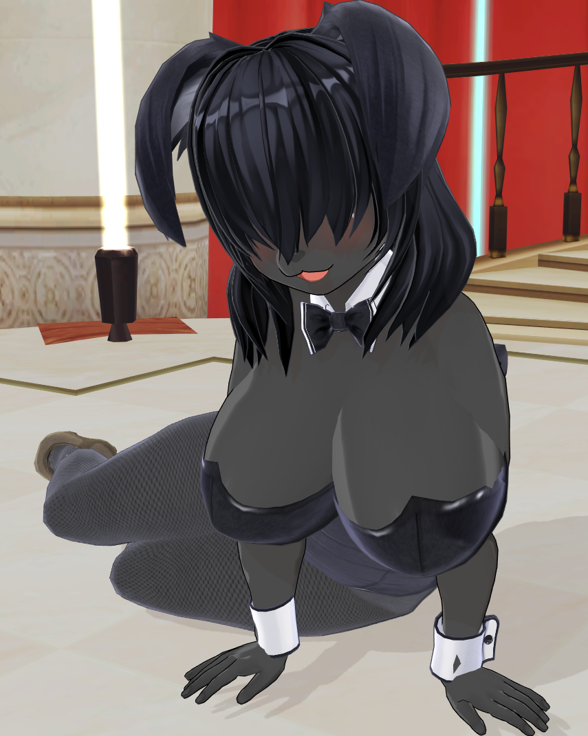 1girl 3d artist_request black_hair breasts bunnysuit custom_maid_3d_2 dog female furry glasses indoors leotard open_mouth red_eyes short_hair solo