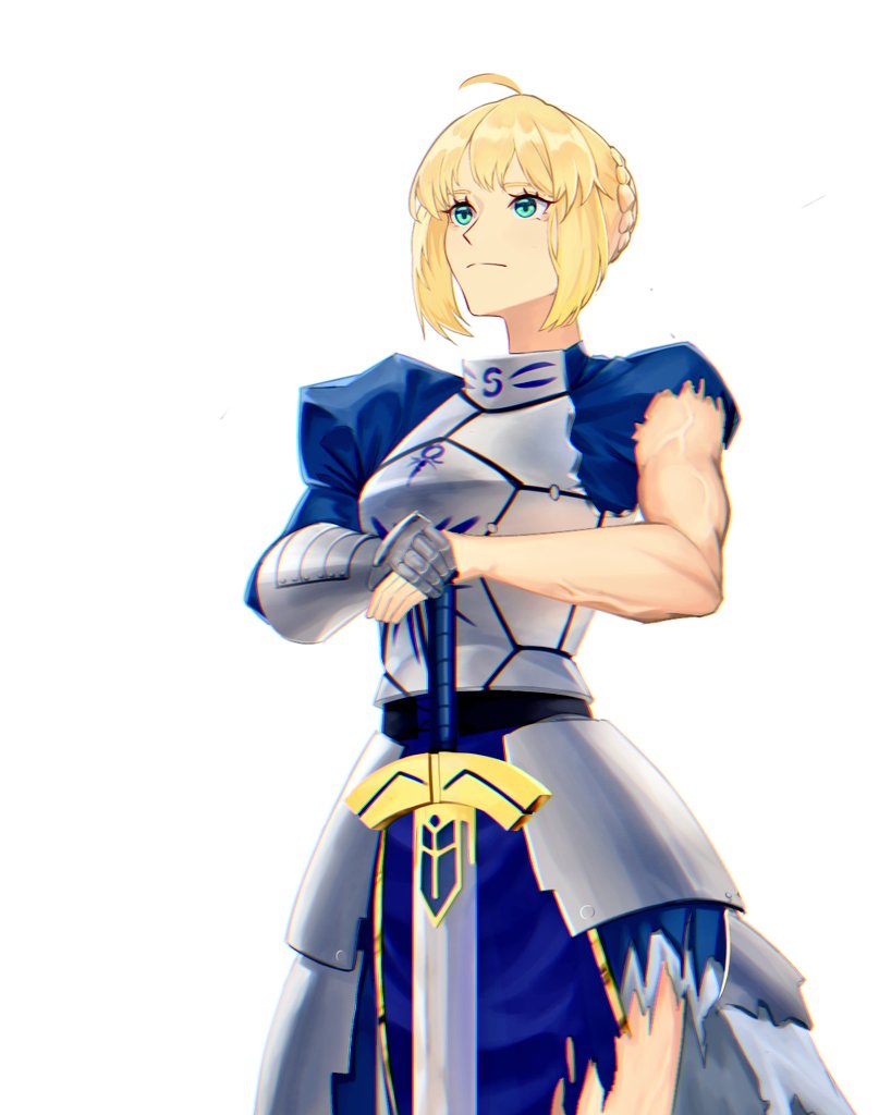 1girl ahoge armor artoria_pendragon_(fate) blonde_hair blue_dress broken_armor closed_mouth cuirass dress exposed_muscle fate/extella fate/extra fate/grand_order fate/stay_night fate_(series) gauntlets green_eyes hair_bun holding holding_sword holding_weapon lilyaholmes looking_to_the_side muscular muscular_female neck saber simple_background solo sword torn_clothes torso weapon white_background