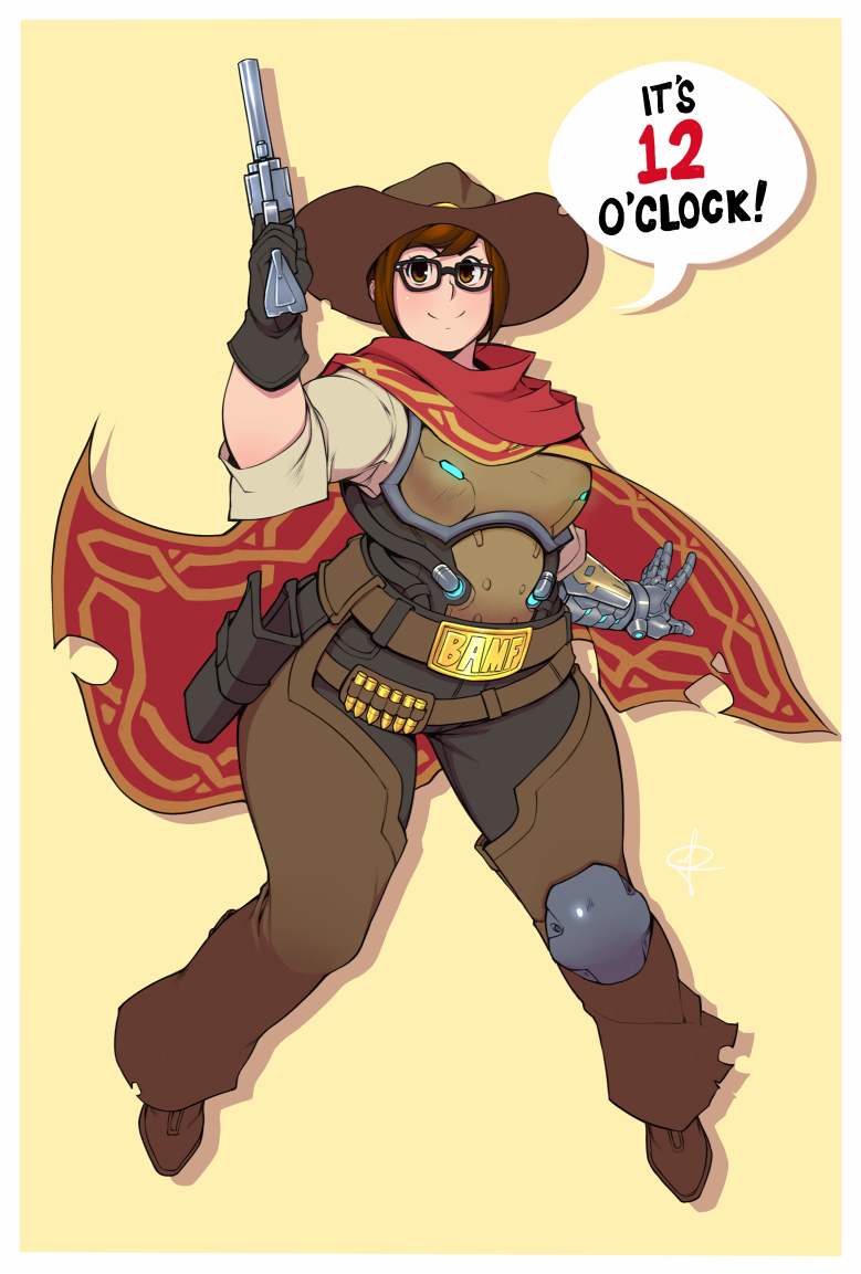 1girl ammunition_belt belt belt_buckle breasts brown_eyes brown_hair brown_pants buckle bullet cape cowboy_hat finger_on_trigger glasses gloves gun handgun hat holding holding_gun holding_weapon holster male_focus mccree_(overwatch)_(cosplay) mechanical_arm mei_(overwatch) overwatch pants poncho revolver short_hair solo standing weapon