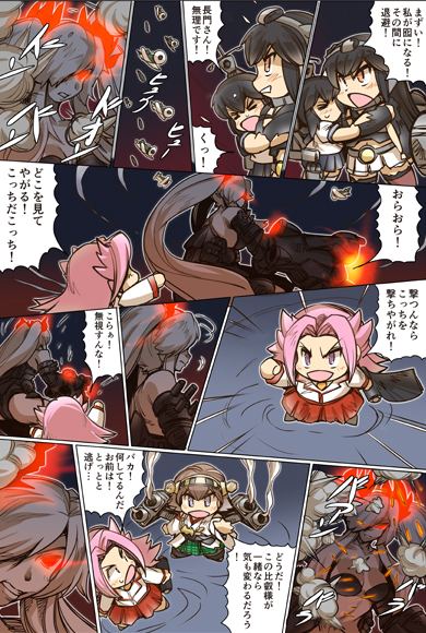 5girls aircraft airplane bikini_bottom bikini_top black_hair brown_hair clenched_hand clenched_teeth close-up closed_eyes comic damaged detached_sleeves elbow_gloves firing fubuki_(kantai_collection) giantess gloves glowing glowing_eyes grey_eyes hairband headgear hisahiko hug jacket japanese_clothes jun'you_(kantai_collection) kantai_collection long_hair long_sleeves looking_at_viewer looking_back low_ponytail multiple_girls nontraditional_miko open_mouth pink_hair plaid plaid_skirt pleated_skirt pointing red_eyes rigging scared scroll short_hair skirt smoke spiky_hair teeth translation_request turret violet_eyes white_jacket wide_sleeves