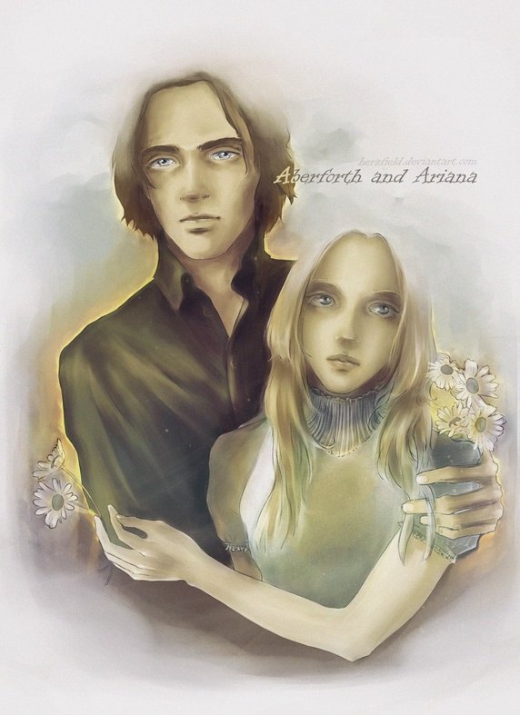 1boy 1girl aberforth_dumbledore ariana_dumbledore black_shirt blonde_hair blue_eyes brother_and_sister brown_hair collared_shirt daisy family flower harry_potter siblings witch wizard