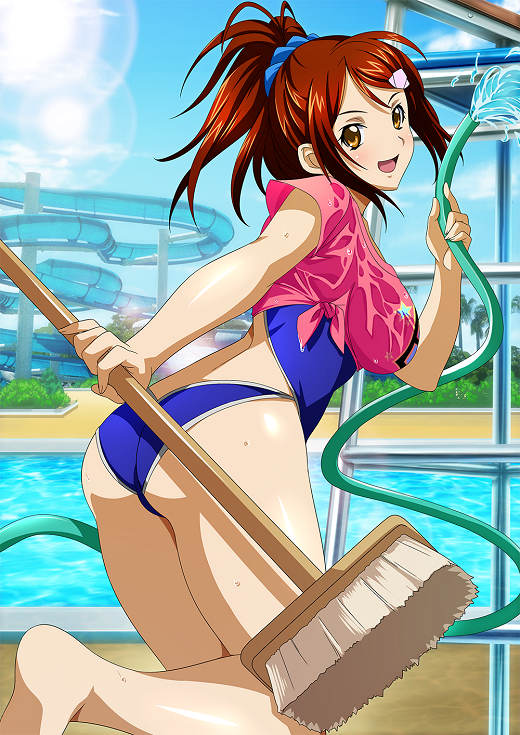 00s 1girl ass bachou_mouki barefoot bikini blue_bikini broom brown_eyes brown_hair day hair_ornament hair_scrunchie high_ponytail holding hose ikkitousen long_hair looking_at_viewer open_mouth outdoors pool red_shirt scrunchie shirt sky solo swimsuit swimsuit_under_clothes tied_shirt water wet wet_clothes wet_shirt