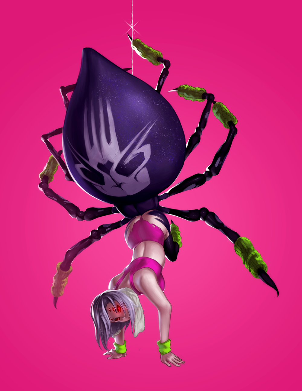 1girl amano-g arachne ass breasts carapace claws error exercise extra_eyes glowing glowing_eye handstand highres insect_girl large_breasts leg_warmers looking_at_viewer midriff monster_girl monster_musume_no_iru_nichijou multiple_legs pink_background rachnera_arachnera red_eyes short_hair silk silver_hair solo spider_girl spider_web sports_bra wristband