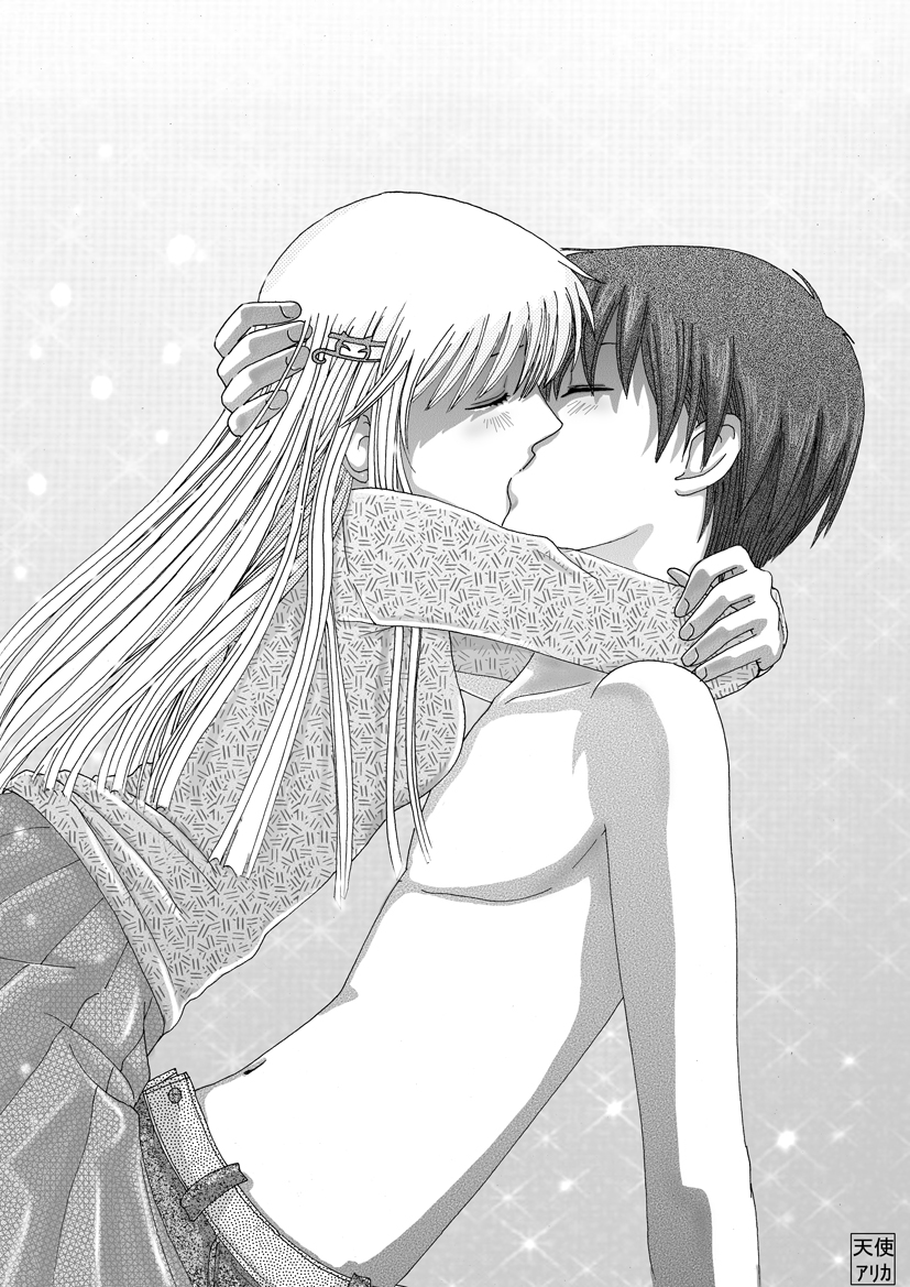 1boy 1girl closed_eyes couple fruits_basket gradient gradient_background honda_tooru hug kiss kuromai long_hair monochrome pleated_skirt skirt souma_kyou sweater topless