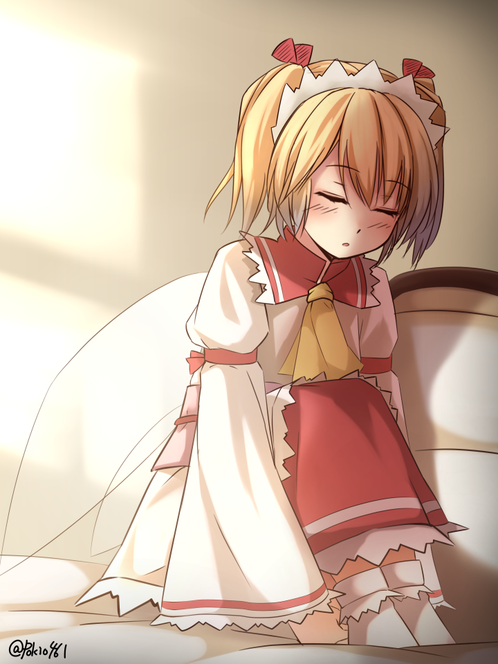 1girl apron artist_name bed closed_eyes dress fairy fairy_wings juliet_sleeves long_sleeves maid_headdress on_bed open_mouth pokio puffy_sleeves shadow sitting sitting_on_bed sleeping socks solo sunlight sunny_milk tied_hair touhou twintails waist_apron white_dress wings yellow_ascot