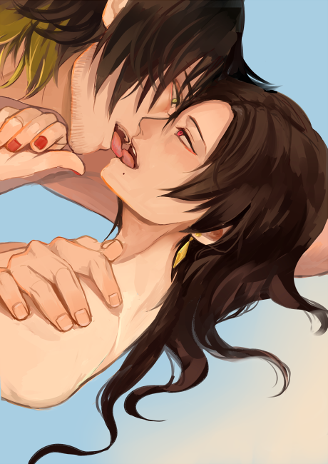2boys androgynous beauty_mark blonde_hair blue_background brown_hair chin_grab earrings eye_contact facial_hair french_kiss gradient gradient_background hand_on_another's_shoulder hiki_yuichi jewelry kashuu_kiyomitsu kiss long_hair looking_at_another male_focus mole mole_under_mouth multicolored_hair multiple_boys nagasone_kotetsu nail_polish nude personification red_eyes red_nails simple_background smile touken_ranbu two-tone_hair yaoi yellow_eyes