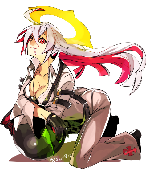 1girl all_fours ass bellbottoms black_gloves breasts candy cleavage crossed_arms gloves guilty_gear guilty_gear_xrd halo hyakuhachi_(over3) jack-o_(guilty_gear) jewelry lollipop long_hair medium_breasts multicolored_hair necklace pantylines red_eyes redhead silver_hair solo two-tone_hair