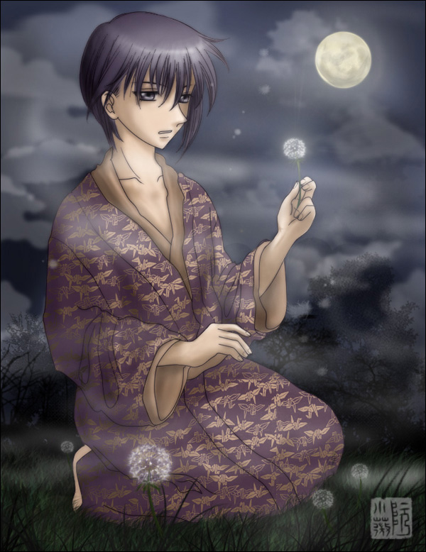 1boy barefoot dandelion flower fruits_basket full_moon grey_hair japanese_clothes kneeling male_focus moon night sitting solo souma_yuki