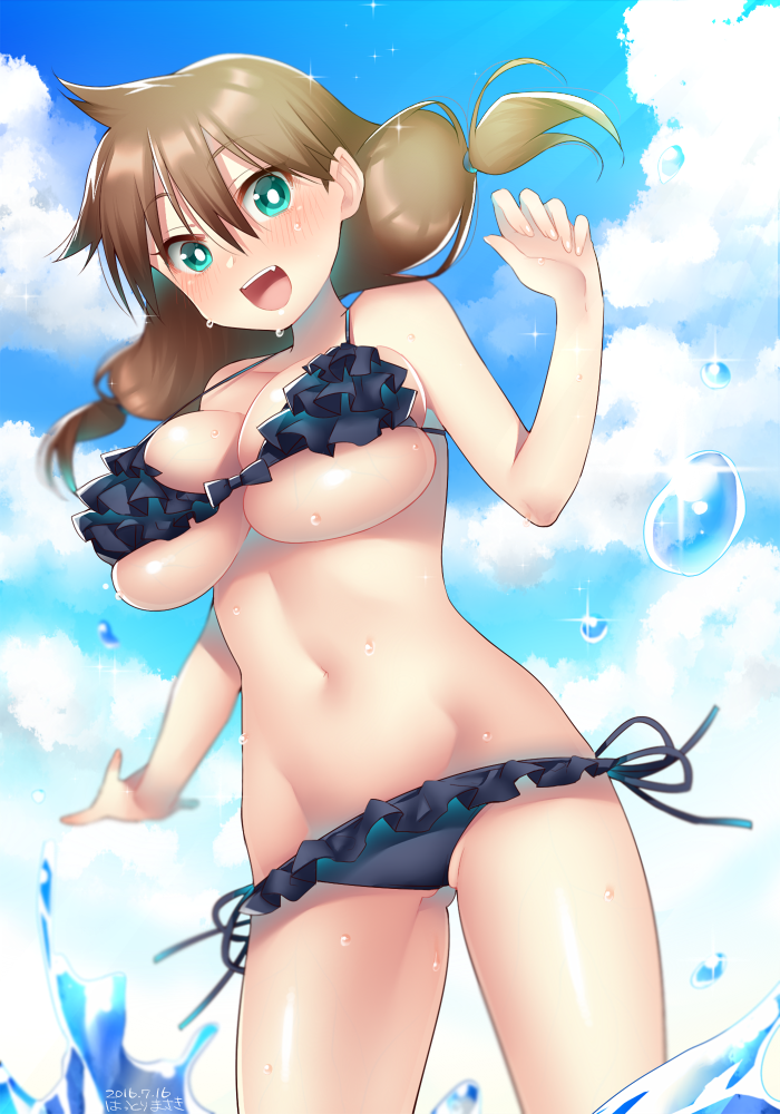 1girl :d amano_megumi amano_megumi_wa_suki_darake! aqua_eyes artist_name bare_arms bikini blurry breasts brown_hair clouds cloudy_sky dated depth_of_field dutch_angle frilled_bikini frills gluteal_fold hair_between_eyes hattori_masaki large_breasts long_hair low_twintails open_mouth outstretched_arm revealing_clothes side-tie_bikini skindentation sky smile solo splashing standing standing_on_liquid swimsuit thighs tied_hair twintails under_boob water wet