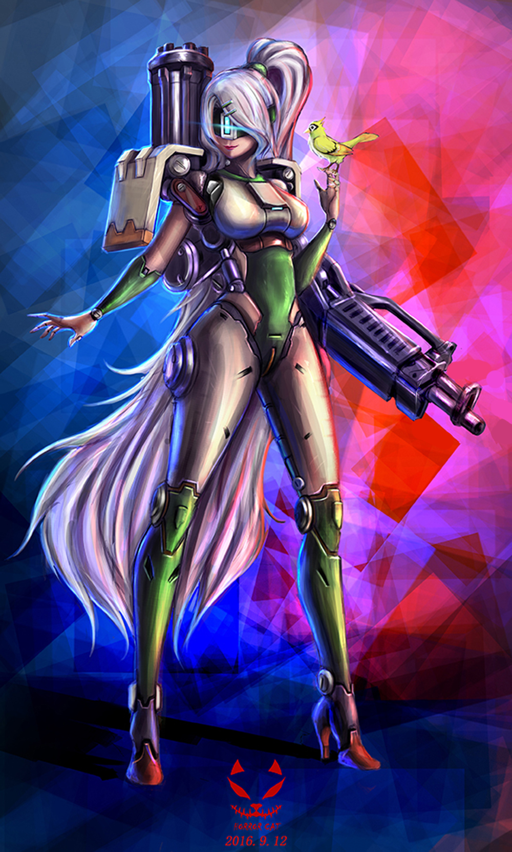 1girl 2016 absurdly_long_hair android animal animal_on_hand armor artist_name bastion_(overwatch) bird bird_on_hand boots breasts chain_gun closed_mouth covered_eyes dated full_body ganymede_(overwatch) gatling_gun glowing glowing_eyes gun hair_ornament hair_tie high_heel_boots high_heels highres horror_cat legs_apart long_hair machine_gun mask medium_breasts minigun overwatch pauldrons personification ponytail power_armor red_lips rifle solo standing very_long_hair visor weapon