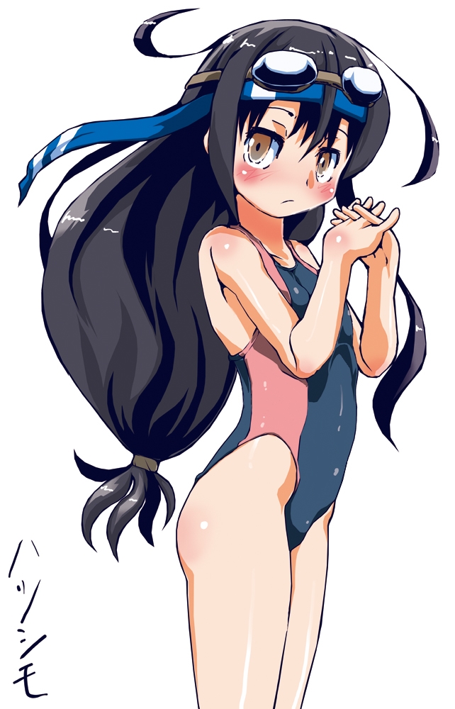 1girl black_hair blush brown_eyes competition_swimsuit goggles goggles_on_head hatsushimo_(kantai_collection) headband kanji kantai_collection long_hair looking_at_viewer one-piece_swimsuit solo standing sukiyo swimsuit thighs white_background