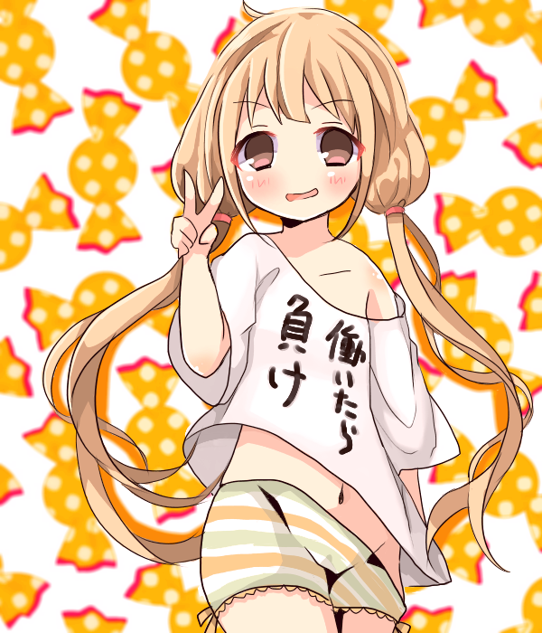 1girl blonde_hair blush candy child cowboy_shot futaba_anzu idolmaster idolmaster_cinderella_girls long_twintails looking_at_viewer navel open_mouth pants red_eyes shirt solo standing tied_hair twintails v