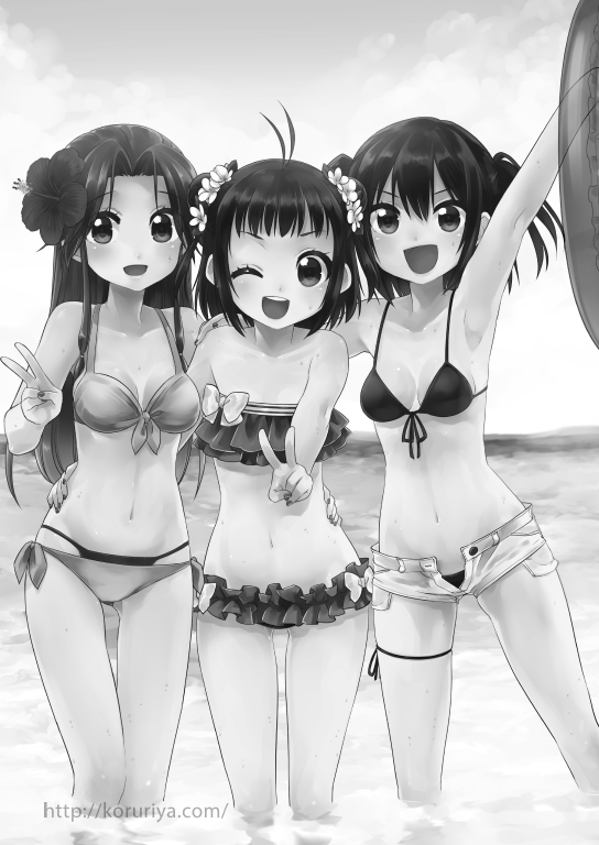 &gt;:d 3girls :d ;d arm_up bikini bikini_under_clothes blush bow breasts buttons cleavage collarbone double_bun flower frilled_bikini frills front-tie_bikini front-tie_top girl_sandwich greyscale hair_flower hair_ornament hand_gesture hand_on_another's_hip hand_on_another's_shoulder hibiscus holding horizon innertube jintsuu_(kantai_collection) kantai_collection ko_ru_ri long_hair looking_at_viewer monochrome multiple_girls naka_(kantai_collection) navel ocean one_eye_closed open_fly open_mouth outdoors outstretched_arm round_teeth sandwiched sendai_(kantai_collection) shorts side-tie_bikini skindentation small_breasts smile stomach strapless strapless_bikini swimsuit tareme teeth thigh_gap thigh_strap twintails unbuttoned v wading water water_drop watermark web_address wet