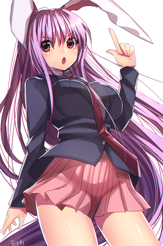 &gt;:o 1girl :o animal_ears blazer breasts hakusai_ponzu index_finger_raised jacket large_breasts long_hair necktie open_mouth pleated_skirt purple_hair rabbit_ears red_eyes reisen_udongein_inaba skirt touhou very_long_hair
