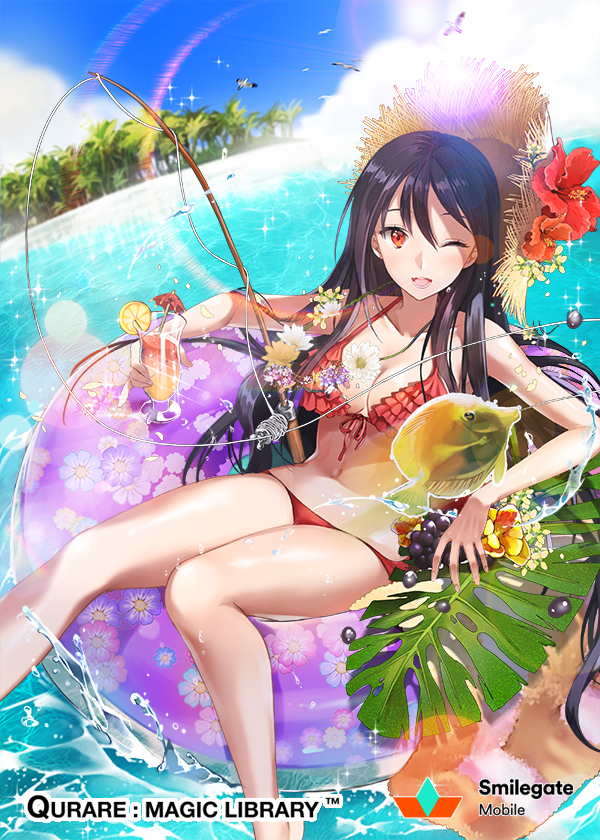 1girl beach bikini black_hair blush breasts character_request cleavage closed_eyes cup female fish hat ice_(ice_aptx) leaves midriff one_eye_closed orange_eyes palm_tree qurare_magic_library smile solo swim swim_ring swimwear tree water