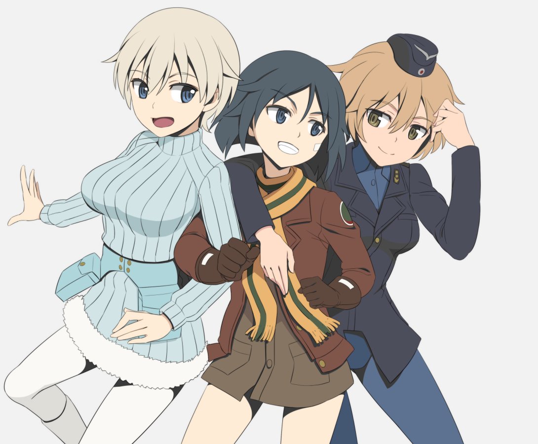 3girls black_hair blonde_hair blue_eyes brave_witches cap gloves kanno_naoe military_uniform multiple_girls nanashino nikka_edvardine_katajainen open_mouth pantyhose scarf short_hair smile strike_witches sweater waltrud_krupinski yellow_eyes