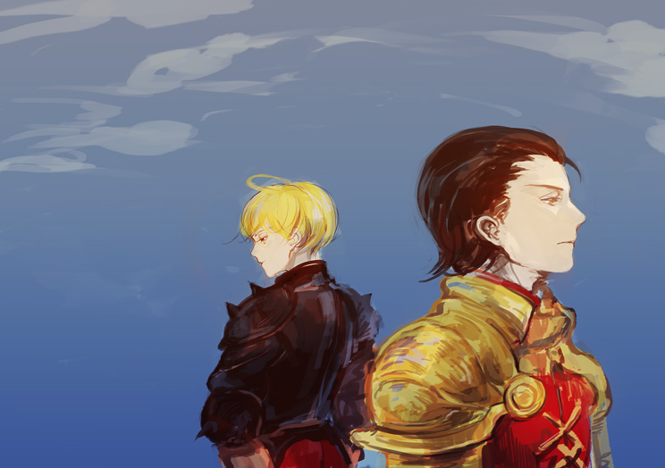 2boys amber_eyes armor blonde_hair blue_sky brown_hair delita_heiral final_fantasy final_fantasy_tactics lmp male_focus multiple_boys ramza_beoulve red_shirt