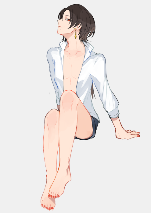 1boy androgynous bare_legs barefoot beauty_mark brown_hair collarbone collared_shirt earrings half-closed_eyes hiki_yuichi jewelry kashuu_kiyomitsu long_hair looking_at_viewer male_focus mole mole_under_mouth nail_polish open_clothes personification ponytail profile red_eyes red_nails short_shorts shorts simple_background sitting solo toenail_polish touken_ranbu