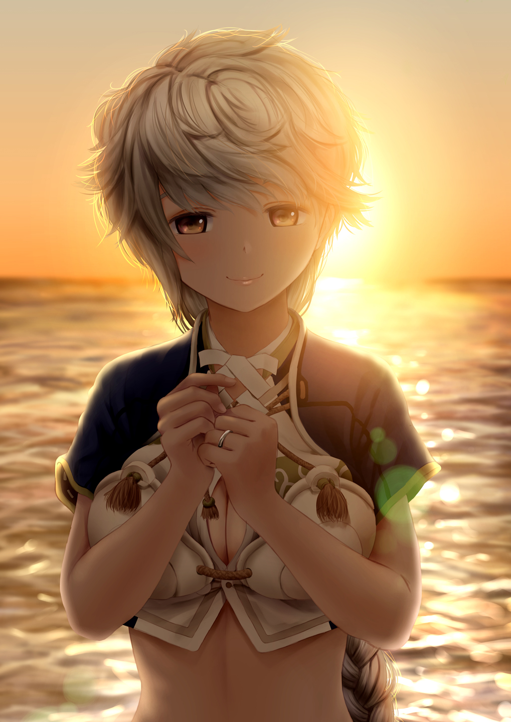 1girl backlighting blurry blush braid breasts brown_eyes cleavage cleavage_cutout closed_mouth cloud_print depth_of_field evening highres horizon jewelry kantai_collection large_breasts lens_flare long_hair looking_at_viewer medium_breasts midriff ocean papi_(papiron100) ring short_sleeves silver_hair single_braid smile solo sunlight sunset tassel unryuu_(kantai_collection) upper_body very_long_hair water wedding_band yellow_eyes