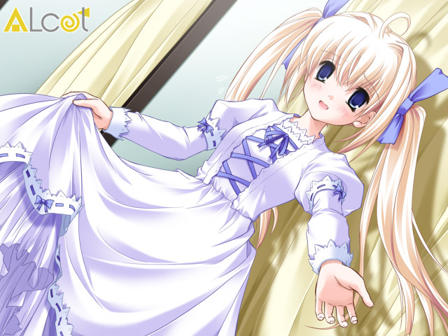 1girl :d ahoge blonde_hair blue_eyes blue_ribbon blush clover_(series) clover_heart's clover_hearts company_name cross-laced_clothes curtains dress dress_grab dutch_angle embarrassed hair_ribbon logo long_hair long_sleeves looking_at_viewer mikoshiba_rio nimura_yuuji official_art open_mouth outstretched_hand pov puffy_long_sleeves puffy_sleeves purple_ribbon ribbon saiga_(company) shadow sidelocks smile solo tied_hair twintails very_long_hair white_dress