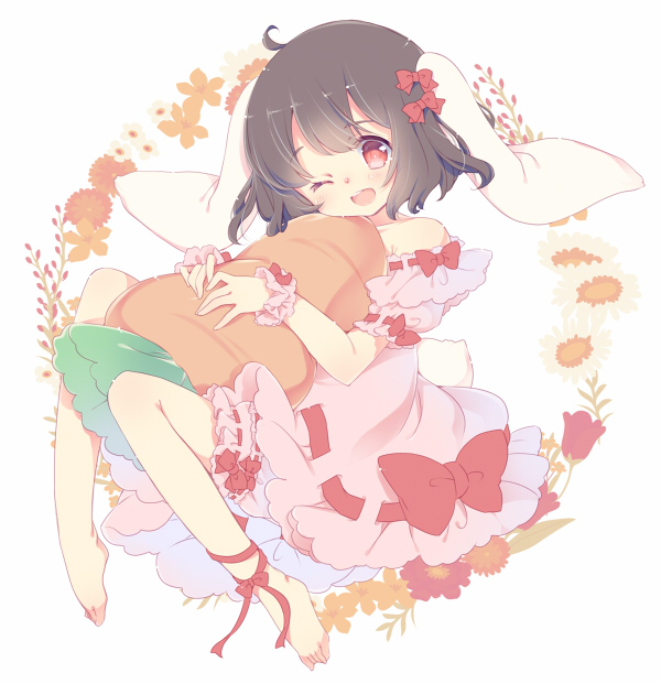 1girl adapted_costume alternate_costume animal_ears aogiri_sei bare_shoulders barefoot bloomers blush brown_hair carrot dress floral_background full_body hair_ribbon inaba_tewi leg_ribbon looking_at_viewer off_shoulder one_eye_closed open_mouth pillow pillow_hug pink_dress puffy_sleeves rabbit_ears red_eyes ribbon short_hair short_sleeves smile solo touhou underwear white_background wrist_cuffs