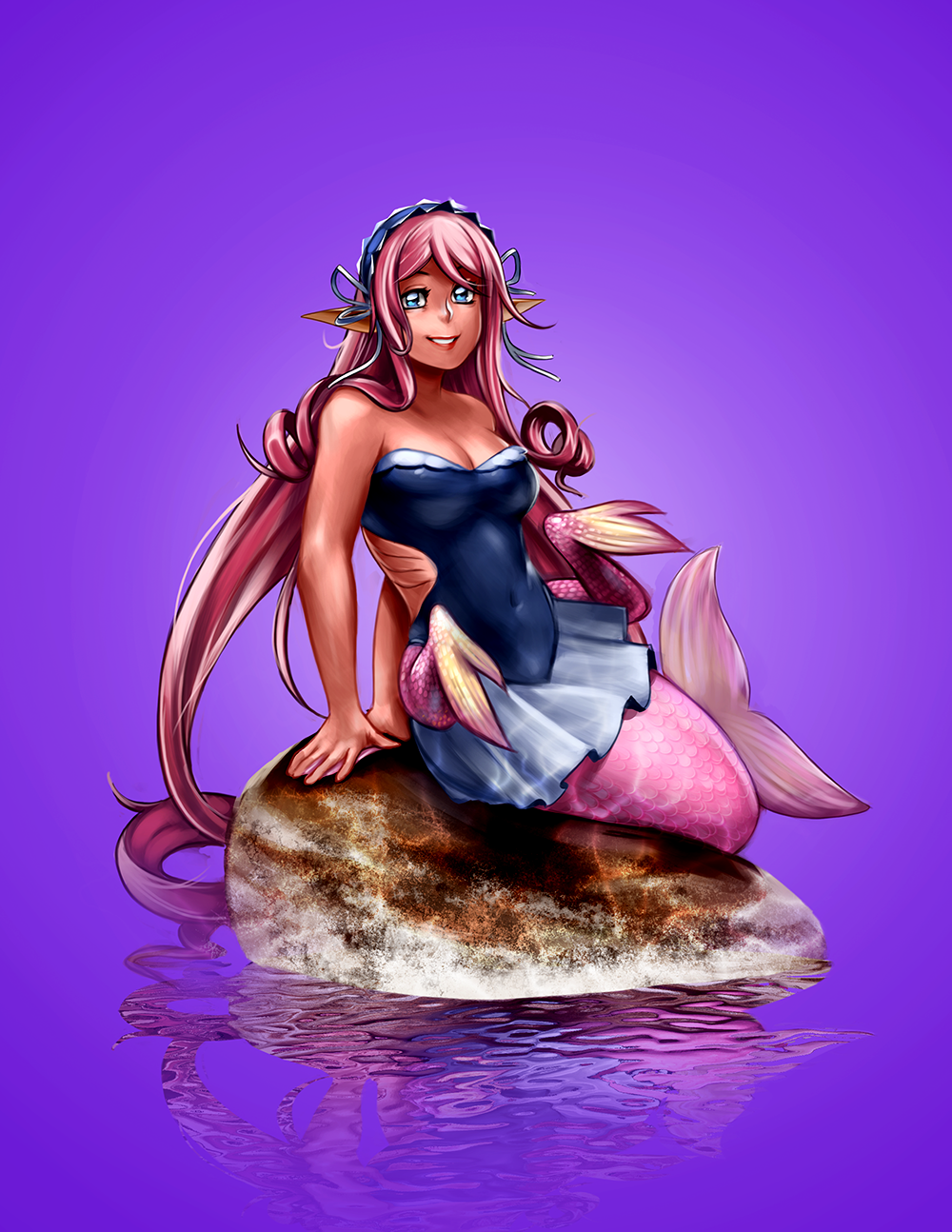 1girl amano-g bare_shoulders blue_eyes blue_swimsuit breasts cleavage covered_navel full_body gills hairband head_fins highres large_breasts lips long_hair maid_headdress medium_breasts mermaid meroune_lorelei monster_girl monster_musume_no_iru_nichijou one-piece_swimsuit pink_hair pointy_ears purple_background reflection ringlets scales skirt smile solo swimsuit very_long_hair webbed_hands